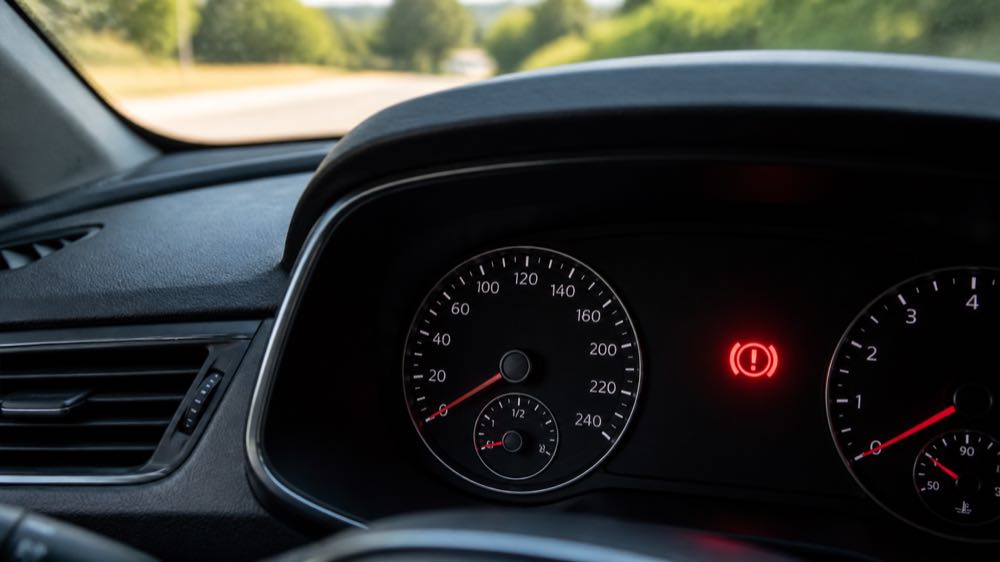 Red brake warning light illuminated on a modern car dashboard