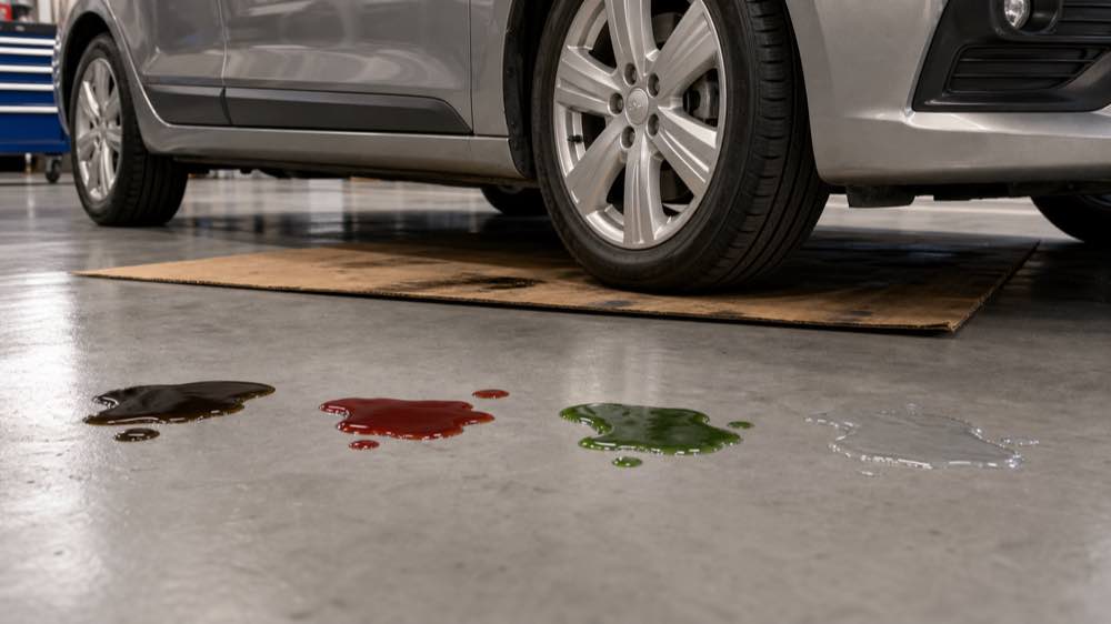 Different colored car fluid leaks on garage floor under a vehicle