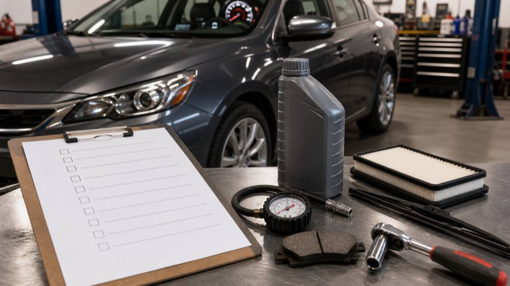 Car maintenance checklist with oil tire gauge brake pad and air filter