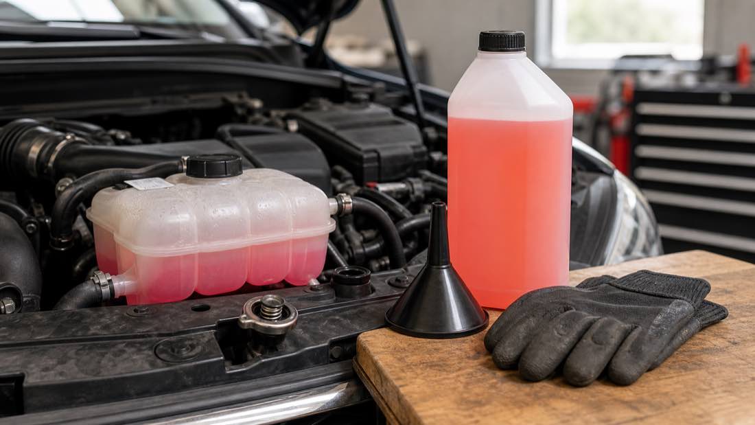 Coolant reservoir radiator cap funnel and coolant bottle for cooling system service