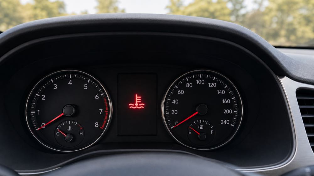 Red coolant temperature warning light illuminated on a modern car dashboard