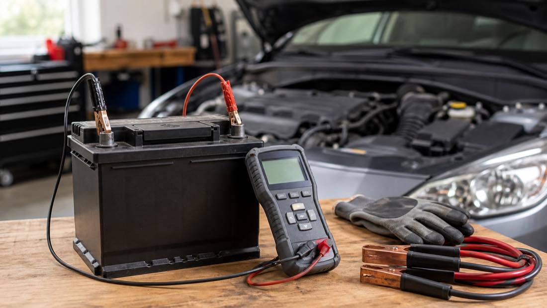 Car battery being tested with a digital battery tester in a garage