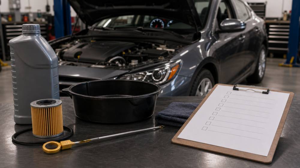 Motor oil bottle oil filter drain pan and dipstick for oil change
