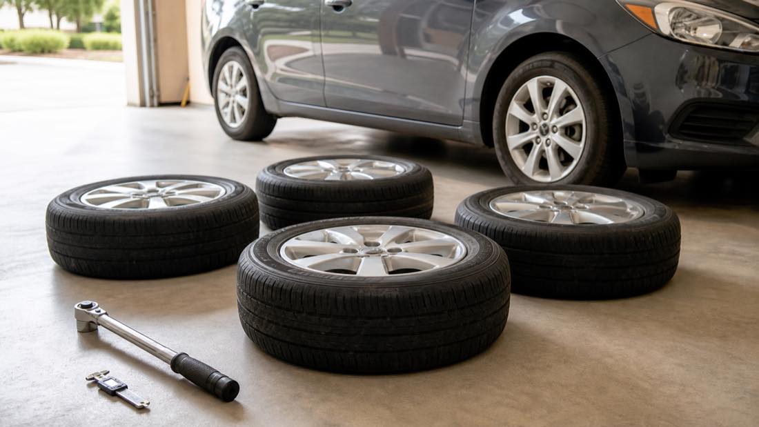 Four car tires with torque wrench and tread gauge for tire rotation service