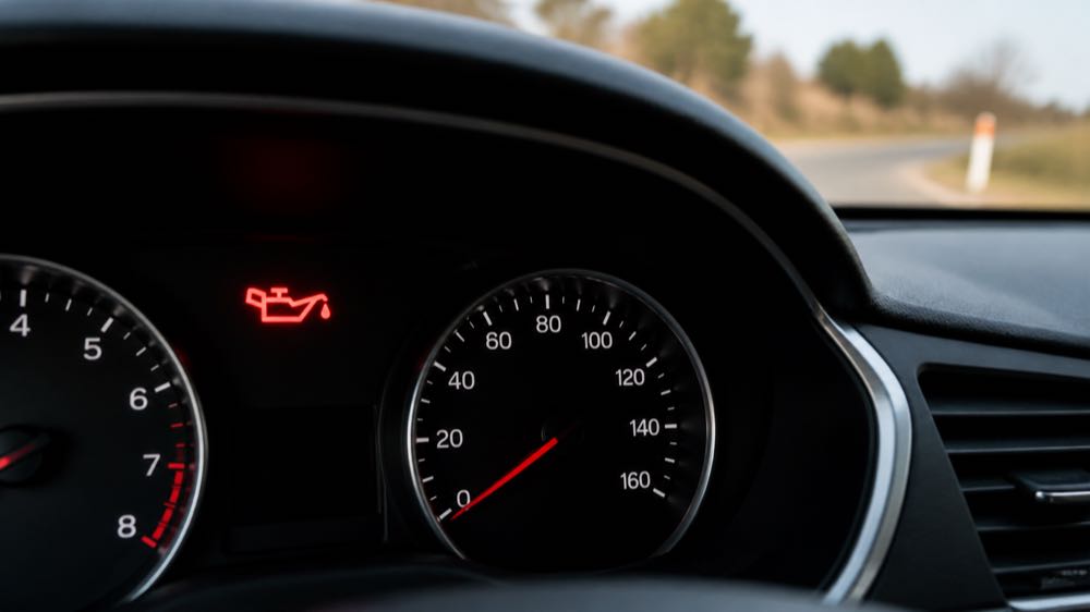 Red oil pressure warning light illuminated on a modern car dashboard