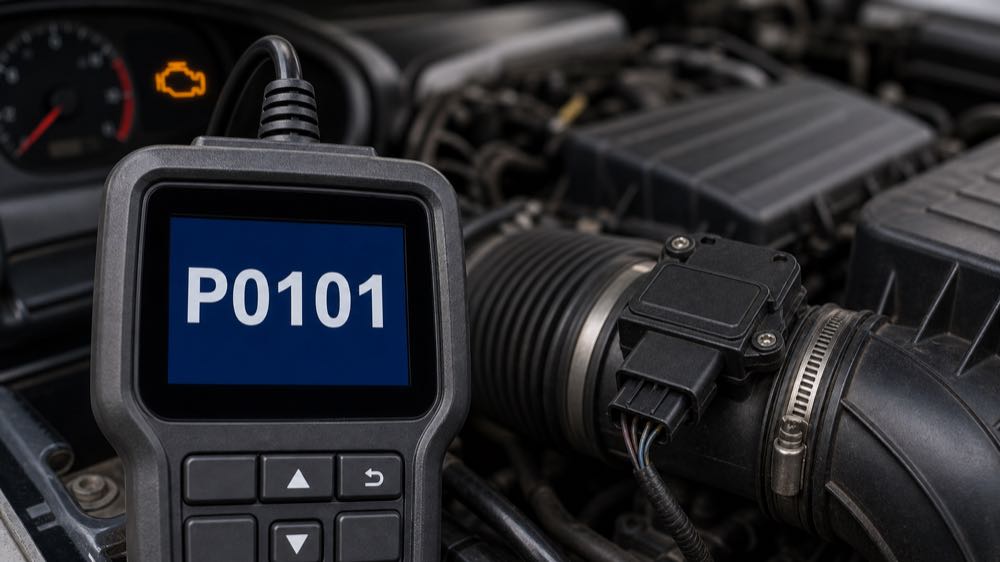 OBD2 scanner showing P0101 code near a mass airflow sensor