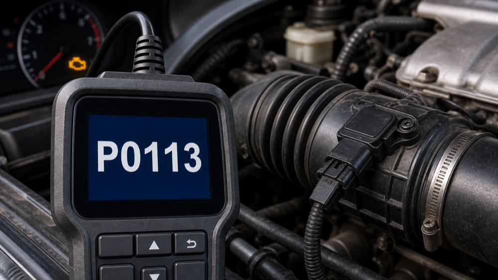 OBD2 scanner showing P0113 code near an intake air temperature sensor connector
