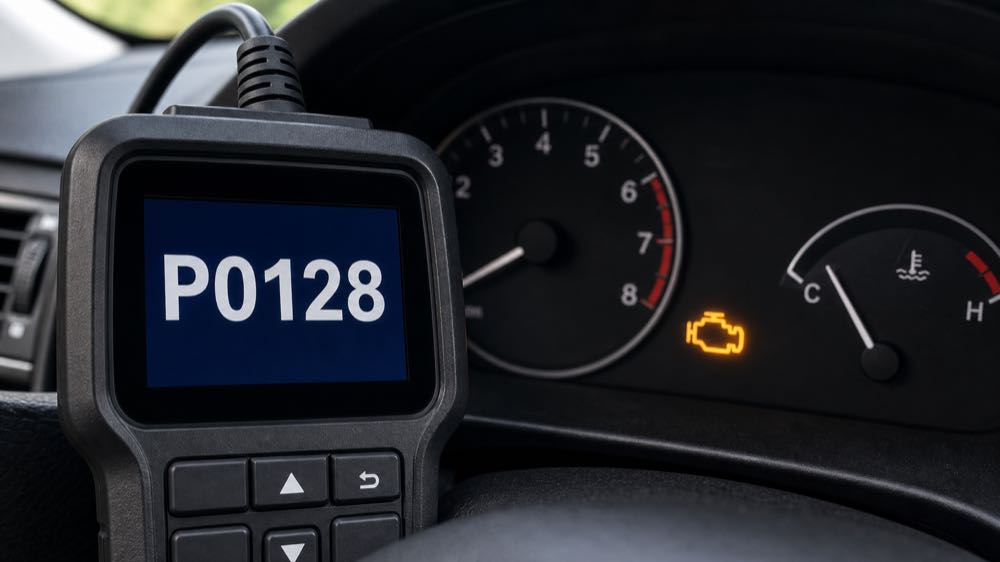 OBD2 scanner showing P0128 code with coolant temperature gauge