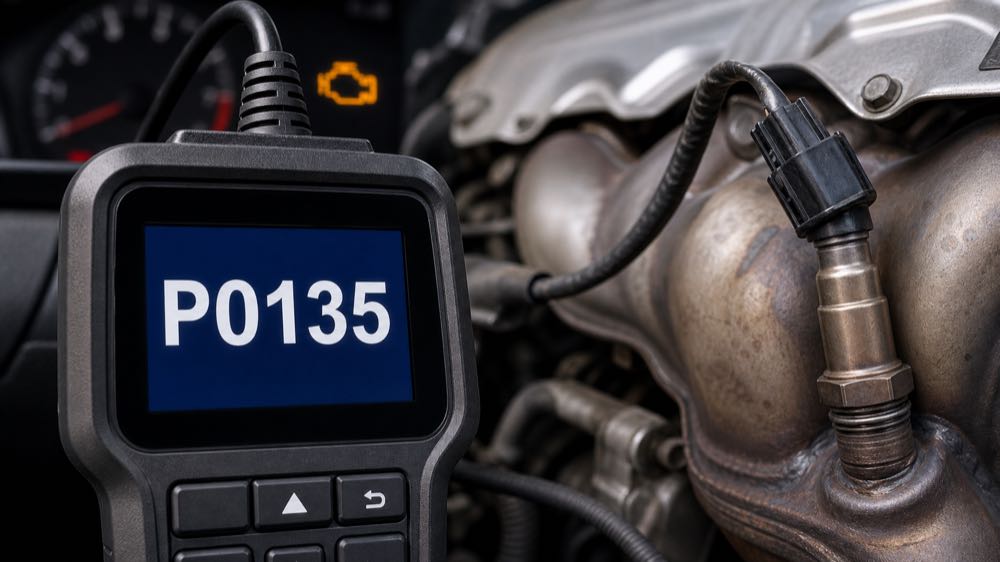 OBD2 scanner showing P0135 code near an oxygen sensor connector