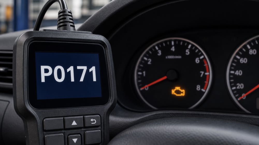 OBD2 scanner showing P0171 code with check engine light on