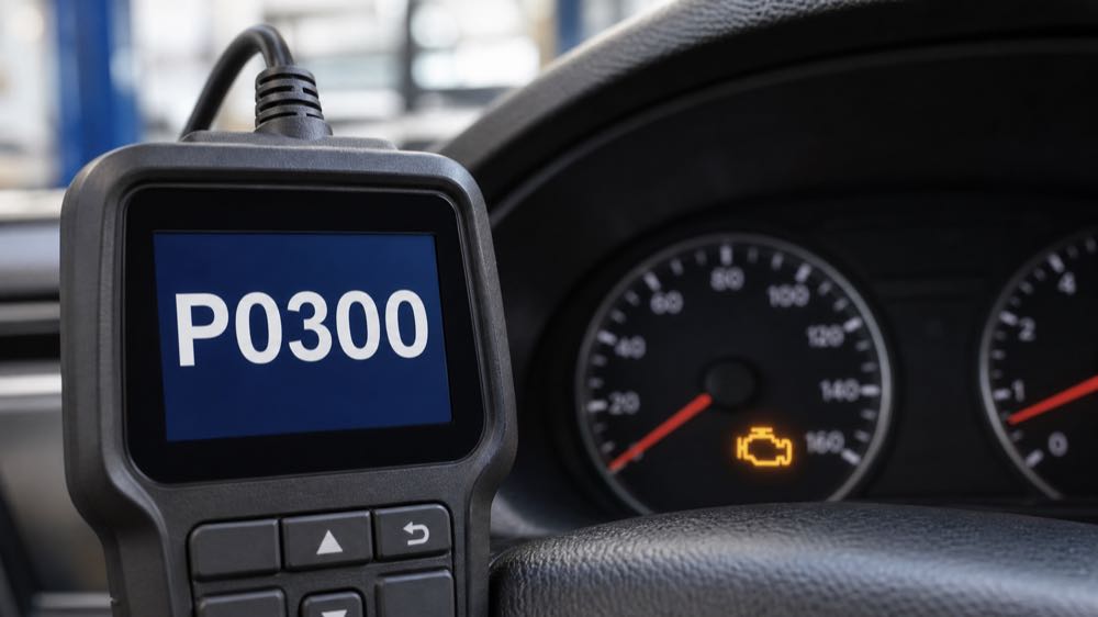 OBD2 scanner showing P0300 code with check engine light on