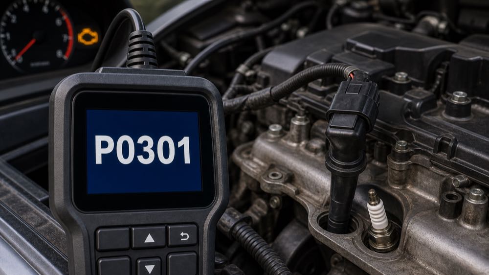 OBD2 scanner showing P0301 code near an ignition coil