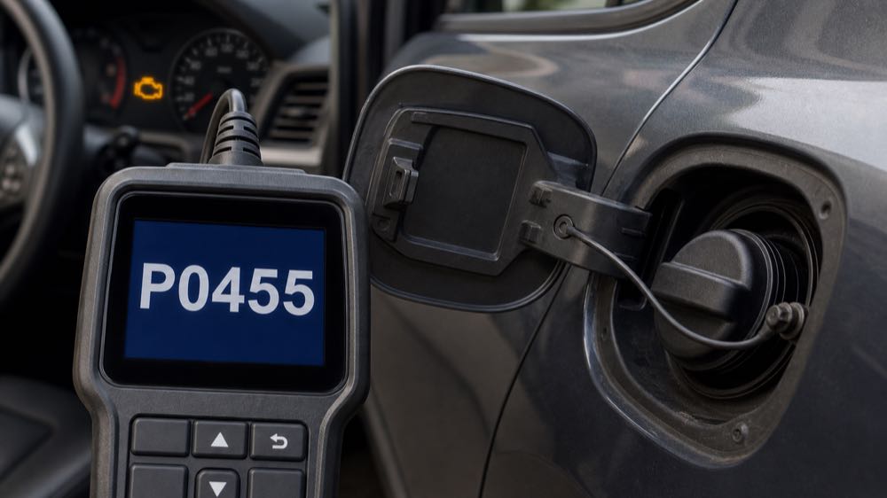OBD2 scanner showing P0455 code near a vehicle gas cap