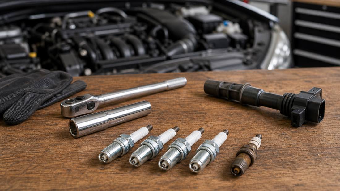 New and worn spark plugs with socket wrench ignition coil and engine bay