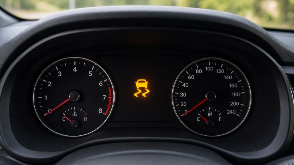Amber traction control warning light illuminated on a modern car dashboard