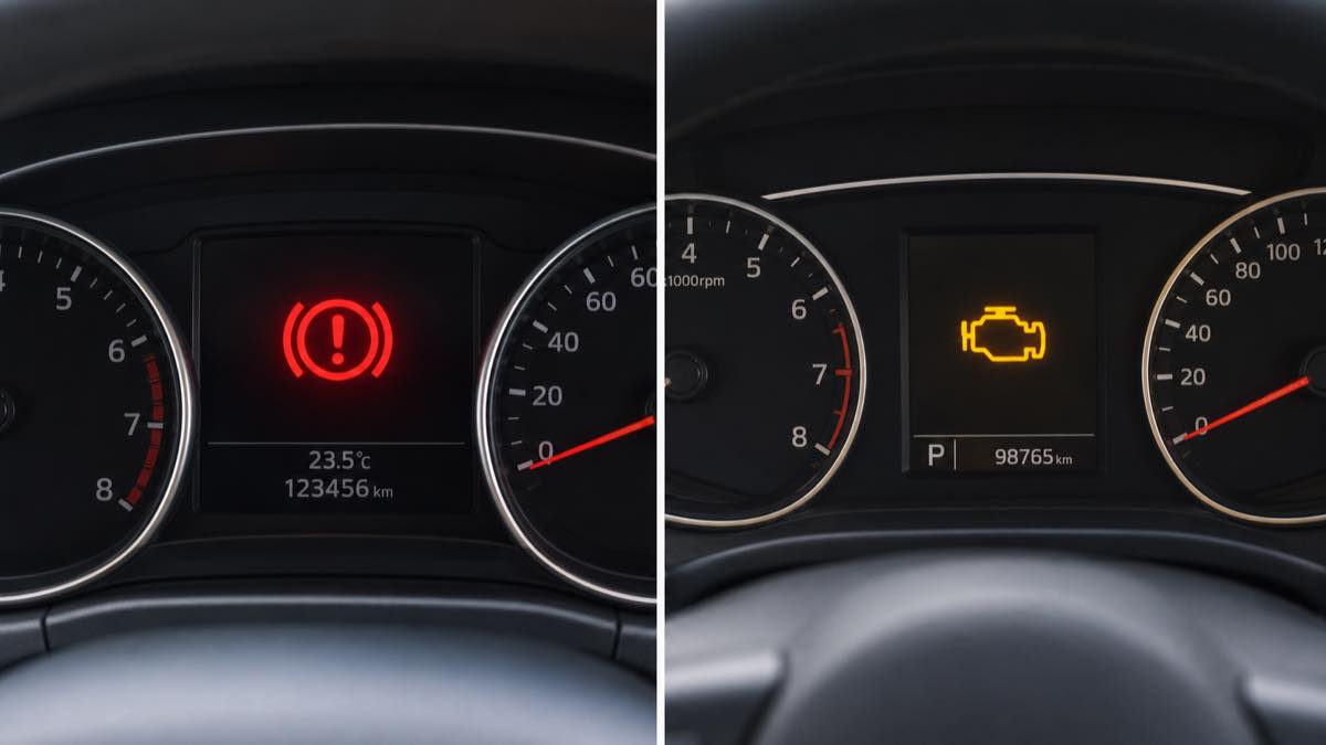 Comparison of red and yellow dashboard warning lights on a car instrument cluster